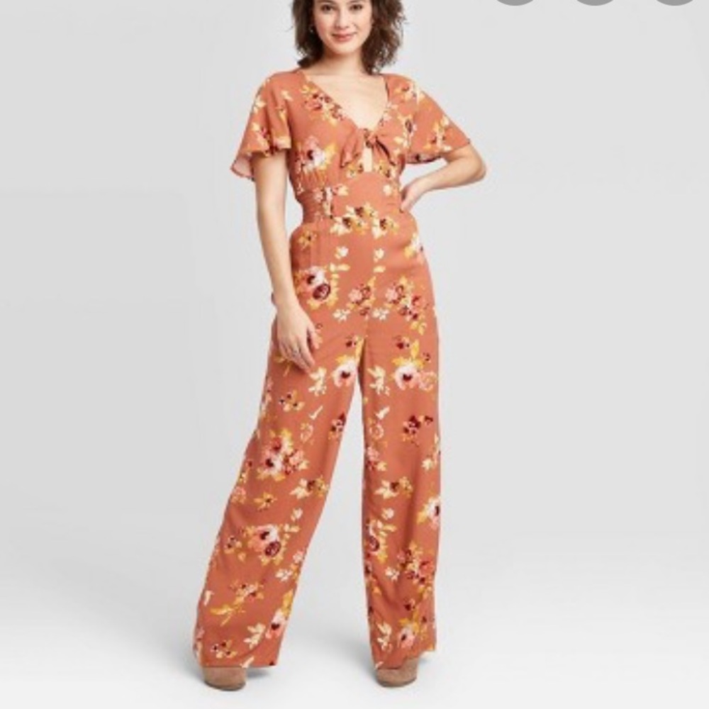 Floral Print Tie Front Short Sleeve Jumpsuit